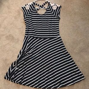 Navy striped dress, cap sleeves, A line